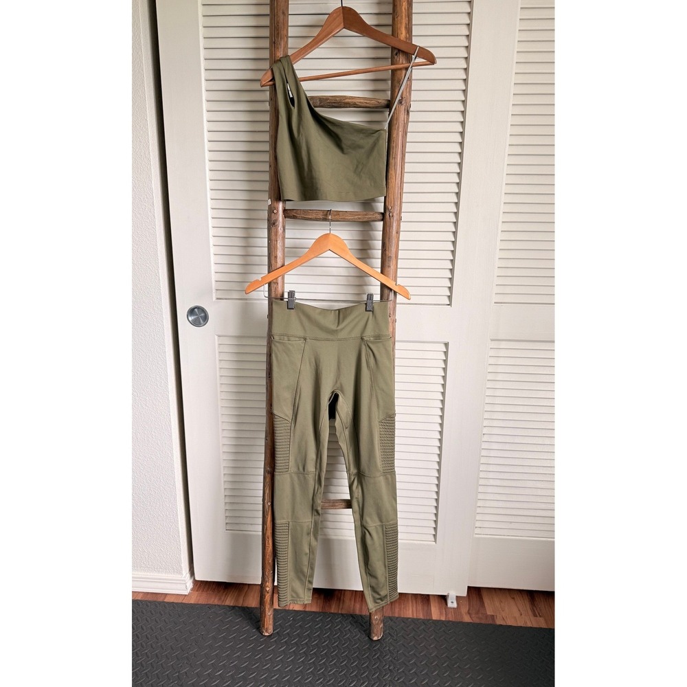 Fabletics Olive Green Moto Leggings and One Shoulder Sports Bra‎ Set